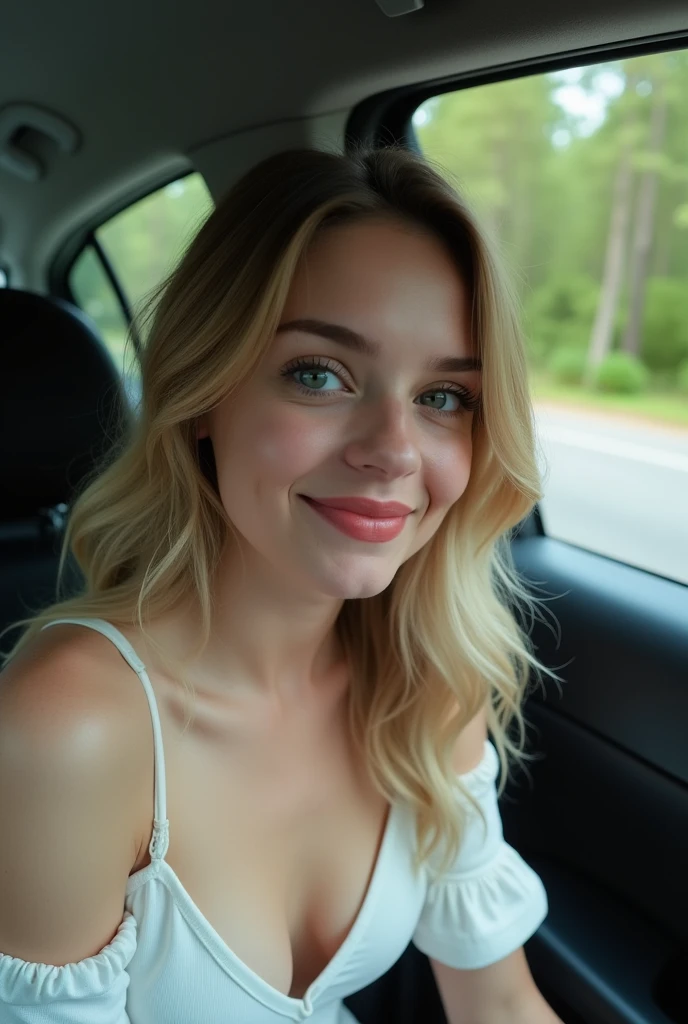 RAW photo, (a white girl with a beautiful, gorgeous, beautiful face), (peach skin, red lips, blue eyes, crouched, looking into the vehicle, through the passenger window, smiling at the driver, ((wearing a plain white low-cut dress with sleeves, white bra)), ((RAW photo, driver's view)), hyperrealism, road and forest behind her