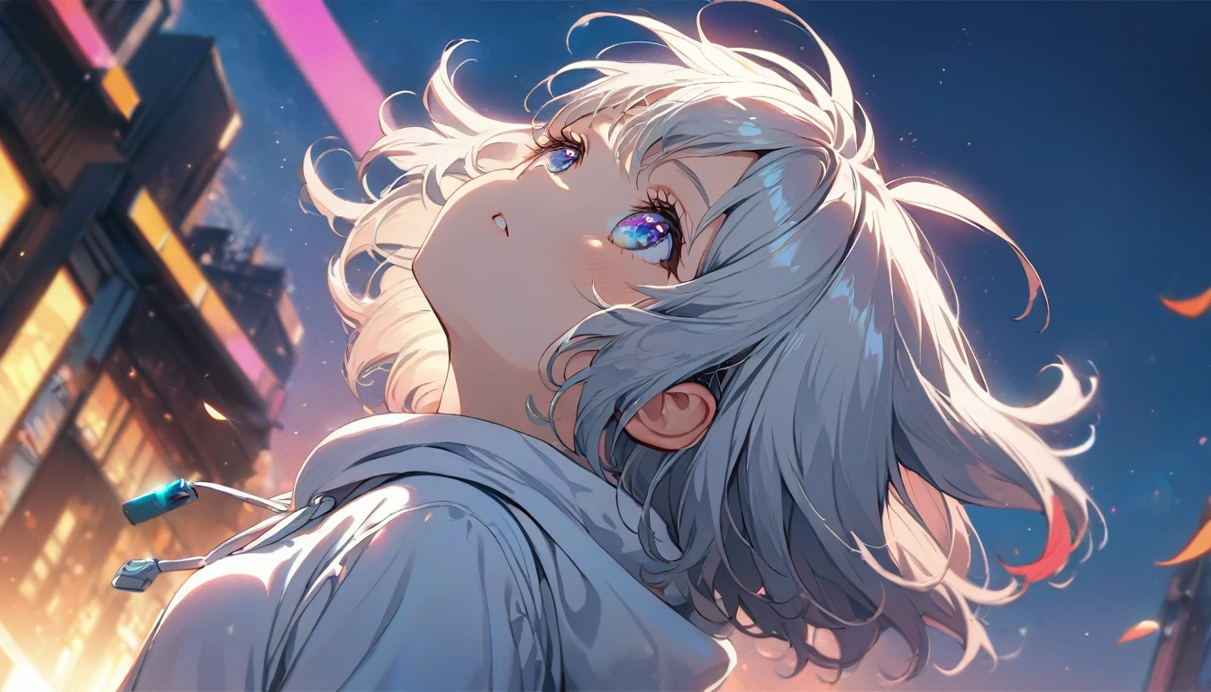 ((masterpiece)), ((Highest quality)), (anime:1.3), (Super Detail:1.2), (High resolution:1.3), (Professional photography:1.3), cute young Girl, (Gazing into the distance:2), (Looking up at the sky:2), (She is not looking at the camera), Shiny, unruly hair, (Loosely swayed bangs), (Silver Ash Hair), Medium Hair,, (Long eyelashes), colorful eyes, (Frowning), Glossy Lips, (Jagged teeth), ((Oversized white hoodie)), bare hands, cute, (Put your hands in your pockets), (colorful:1.3), Gothic Makeup, (Walking around the city), colorful petals dance around her, Beautiful sunset, Headphonesを着用する, (Shoot from the side), (From below),Headphones