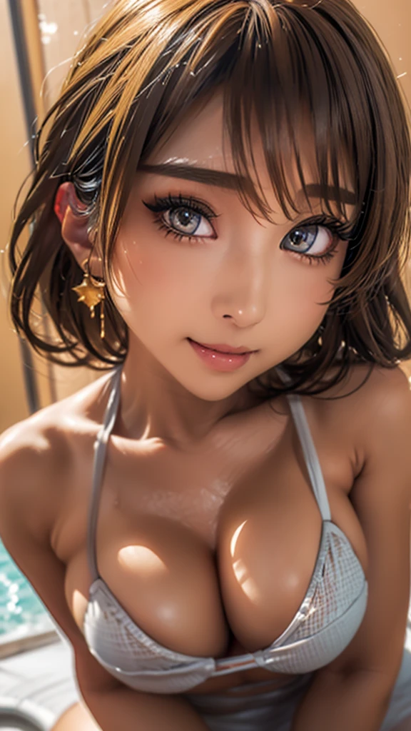Very detailed, beautiful, Highest quality, Professionally taken photos, Like a poster, detailed beautiful round eyes, beautiful detailed face, Whole Body Ezbian, Medium Long Hair, Casual Hairstyles, (Random color hair, Golden mesh), Big eyes, Random color eyes, Long eyelashes, Thick mascara, Dark eyeliner, (Huge breasts), (Bust about to burst:1.35), Wide selection, Thick waist), (Wide Hips:1.35, Toned thighs, Body Curve), 40 years old, woman, (white high leg bikini swimsuit, white), Mini tight dress, Perfect Face, Perfect body, Sexy pose, (A shy smile), Random Location, nature, (alone), The light on my face,