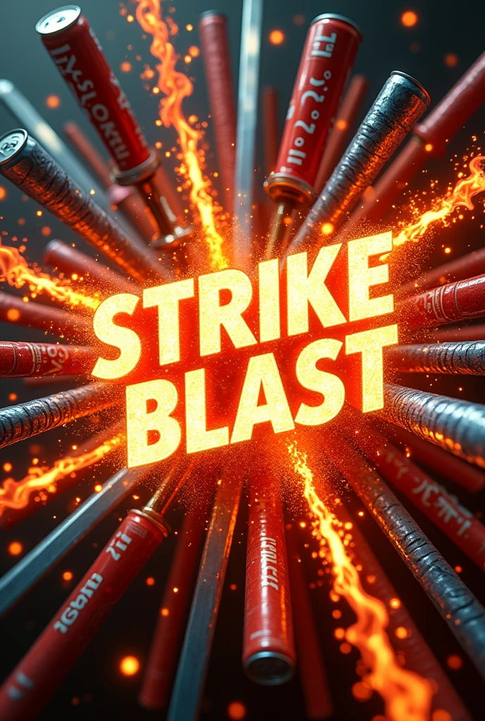 Create a rectangular sized image, that has StrikeBlast written on it with a flaming background of fire and swords and soda 