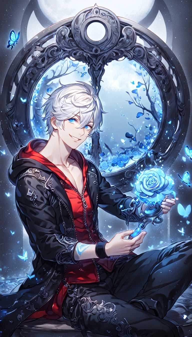 absurdres, highres, ultra detailed, HDR, master piece, best quality, extremely detailed, detailed face, Nero, medium length white hair, hair between the eyes, expressive blue eyes, Devil May Cry, solo, y man, handsome, smile, manly man sitting, black coat, hooded red vest, black wrist band, black pants, magical, fantasy, under a blue tree, blue flames, blue moon, blue fireflies, blue roses, blue butlies, glass magic