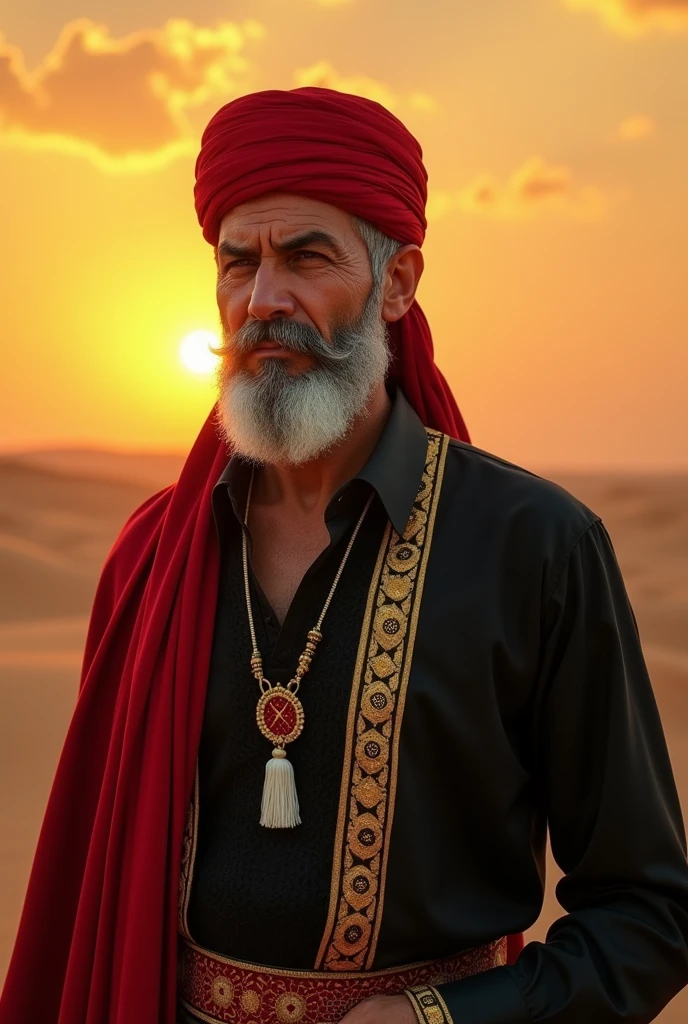 An avatar of a fake handsome sheikh character resembling our effendi in his fifties from ancient Egypt, wearing a red fez with a white thread hanging from it, a very thick white mustache and beard, wearing a black shirt, a picture from the chest area