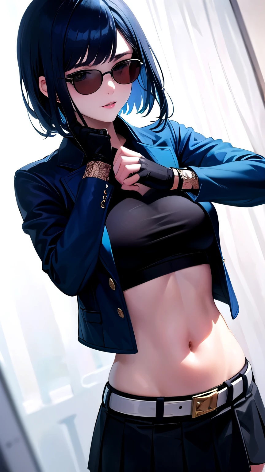 (masterpiece,best quality,absurdres,beautiful,sharp,detailed),cinematic angle,1girl,hope,blue lips, sunglasses, navel, blue hair, jacket, skirt, belt, fingerless gloves