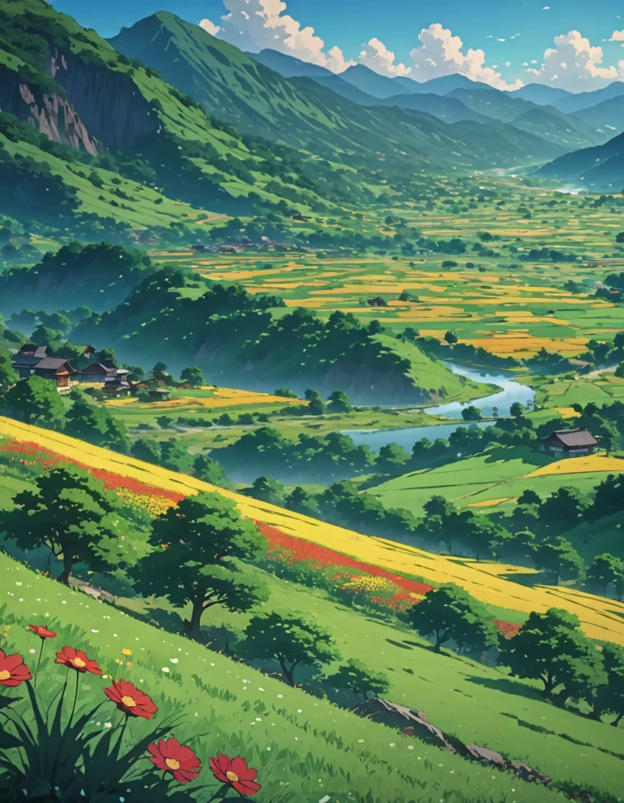animated landscape with a mountain and a valley in the distance, anime countryside landscape, animated landscape wallpaper, hermoso animated landscape, detailed landscape: width 672, anime nature, animated landscape, animated background art, landscape artwork, anime nature wallpap, anime beautiful peace scene, Highly detailed 4k digital art, Beautiful UHD 4K art, Beautiful summer landscape, amazing wallpaper
