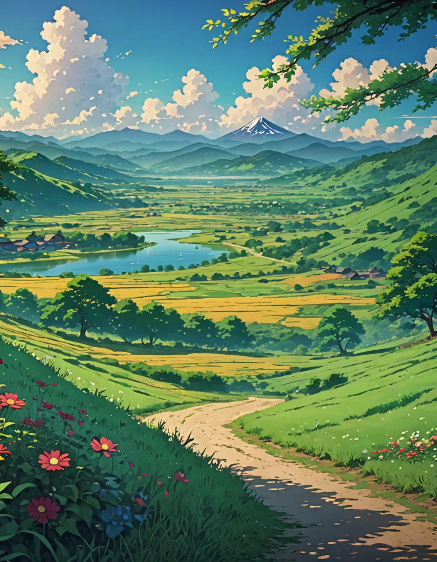 animated landscape with a mountain and a valley in the distance, anime countryside landscape, animated landscape wallpaper, hermoso animated landscape, detailed landscape: width 672, anime nature, animated landscape, animated background art, landscape artwork, anime nature wallpap, anime beautiful peace scene, Highly detailed 4k digital art, Beautiful UHD 4K art, Beautiful summer landscape, amazing wallpaper
