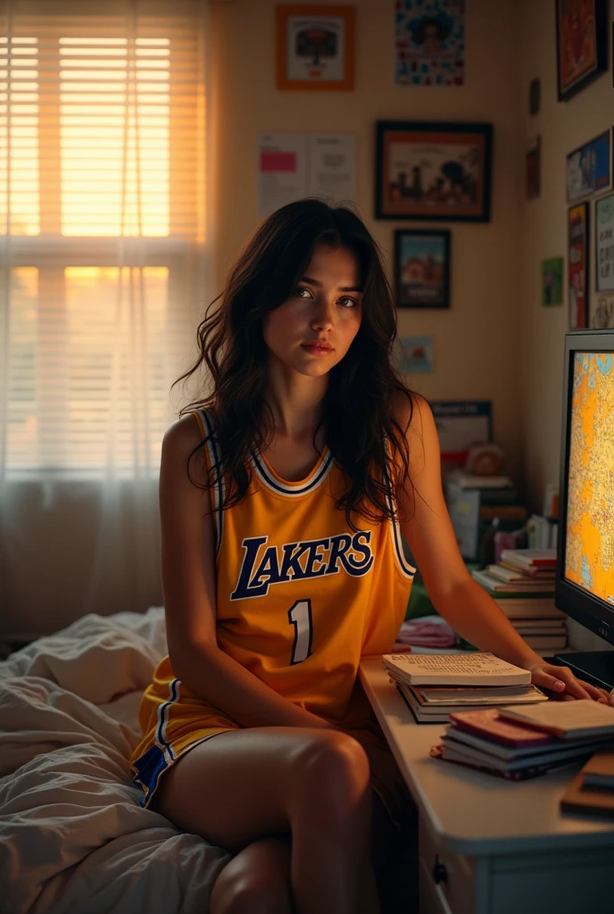 ((highest quality, 8K, masterpiece, ultra HD)) A beautiful and attractive girl in her small messy room that has a bed in the corner and a small desk next to it cluttered with notebooks and books, in front of the bed there is a television attached to the wall. She is wearing a loose Lakers basketball jersey and Nike gym shorts. The blinds are closed with only a few cracks of sunset coming in. The girl has green eyes, black hair, american