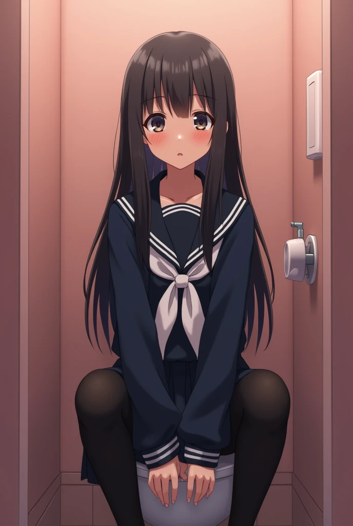 A middle school sophomore wearing a navy blue sailor uniform has a baby face and a neat appearance. Her hair is long and untrimmed. The color of the ribbon on her sailor uniform is white. She has taken off her black tights down to her knees and is squatting in the toilet. She is in a private room in the girls&#39; toilet. The walls of the girls&#39; toilet are a light pink.