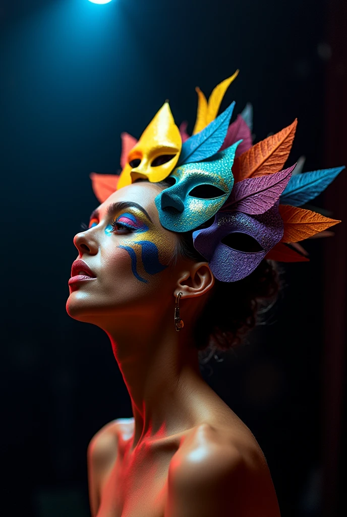 A woman with different masks each one showing emotions and each one with a different makeup  