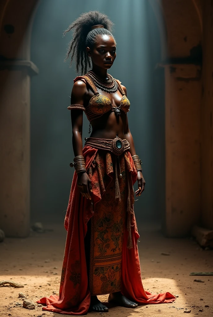 A black and warrior woman with characteristics of the revolt of evils, but with clothes from her time and in the shape of a doll for a box theater, full body 