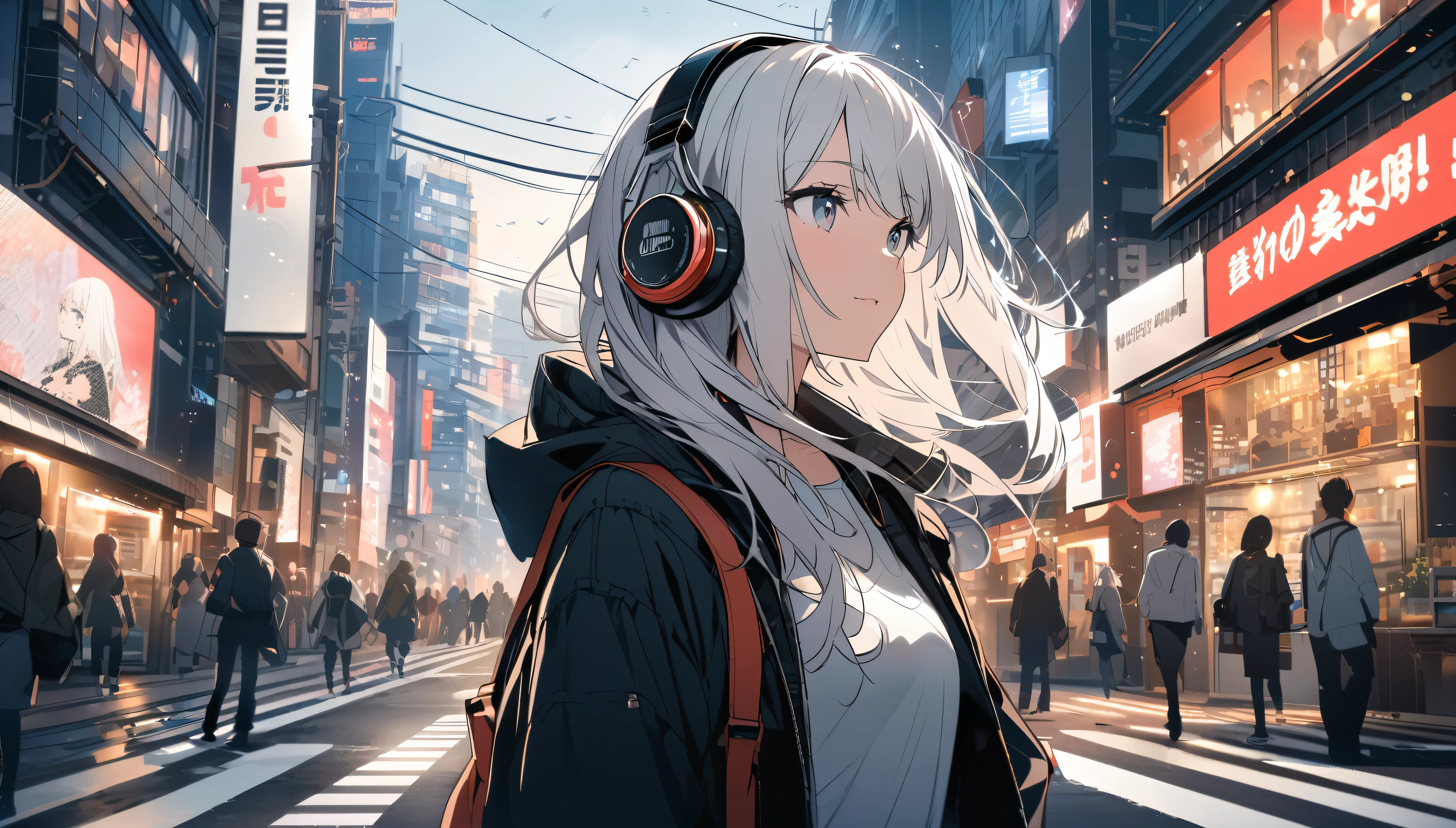 White-haired woman with headphones looking at the city of Tokyo,Streetscape、listen to music、Japanese