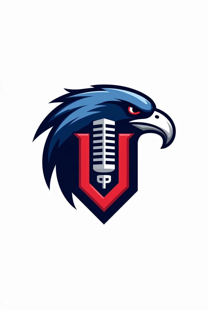 make it more professional, change the mascot to an eagle in the shape of a microphone, use the U in American sports font format, and use colors like blue and red and white
