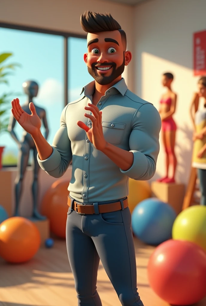 pixar 3d image of a beautiful young adult men with brown skin color with his short hair buzz cut , who is a physiotherapist and the background full of physiotherapy stuff.
