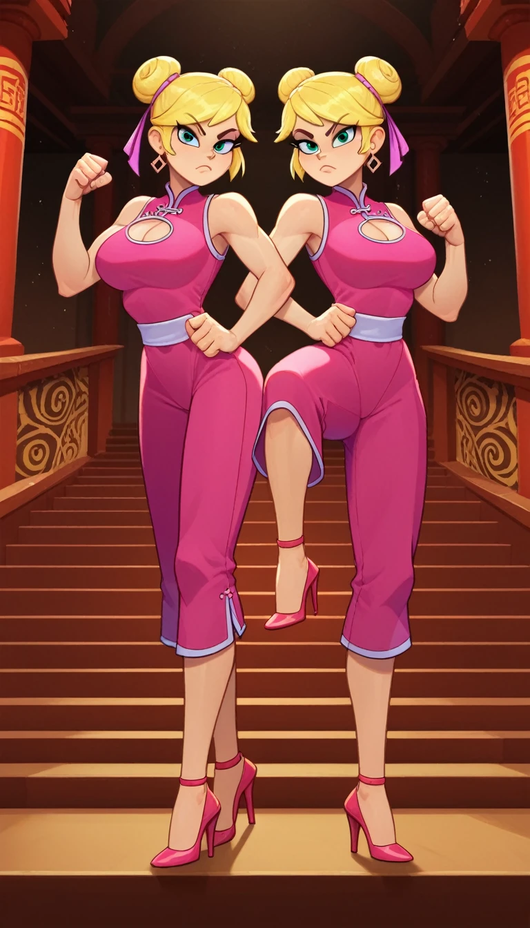 lola loud, 2girls, duo, 24yo girl, large breasts, pink cheongsam, inside of a chinese temple, looking at viewer, blonde hair, two hair buns , hands score_9, score_8_up, score_7_up, high heels, teep fighting stance,martial arts, stairs behind her, guarding the stairs, they wear the same outfit, they are twins