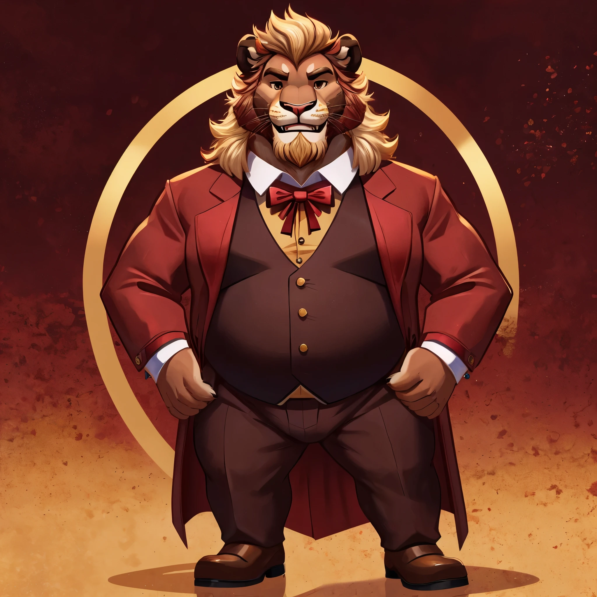 solo male semianthro mountain lion,red-blond shaggy mane with bleached blond tips,reddish blond beard,chubby soft body,daddy,brown tuxedo,maroon shirt,gold bowtie,medium stature,Fremen sietch background,toothy grin,full body