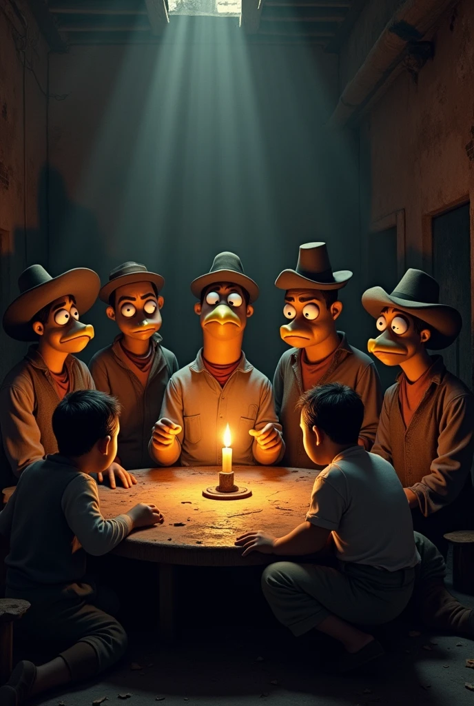 scenery: in a dark room, A group of revolutionaries discuss around a table.
Description: condorito se encuentra sentado entre ellos, looking around with uncertainty.
Dialogue of a revolutionary leader:
"Perfect! We need all the help we can get."
Text in thought bubble (condorito):
"What mess did I get myself into now??"