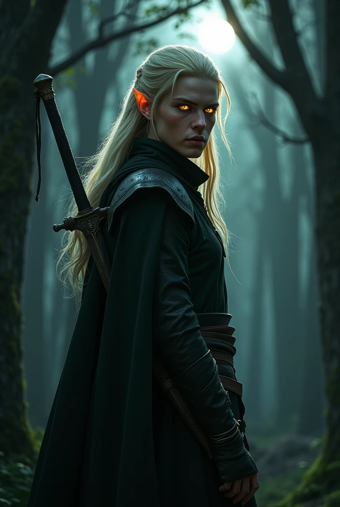 Create a male elf with blond hair, yellow eyes, traits of a warrior. Wearing a rogue outfit, carrying a sword on his back. em um ambiente escuro