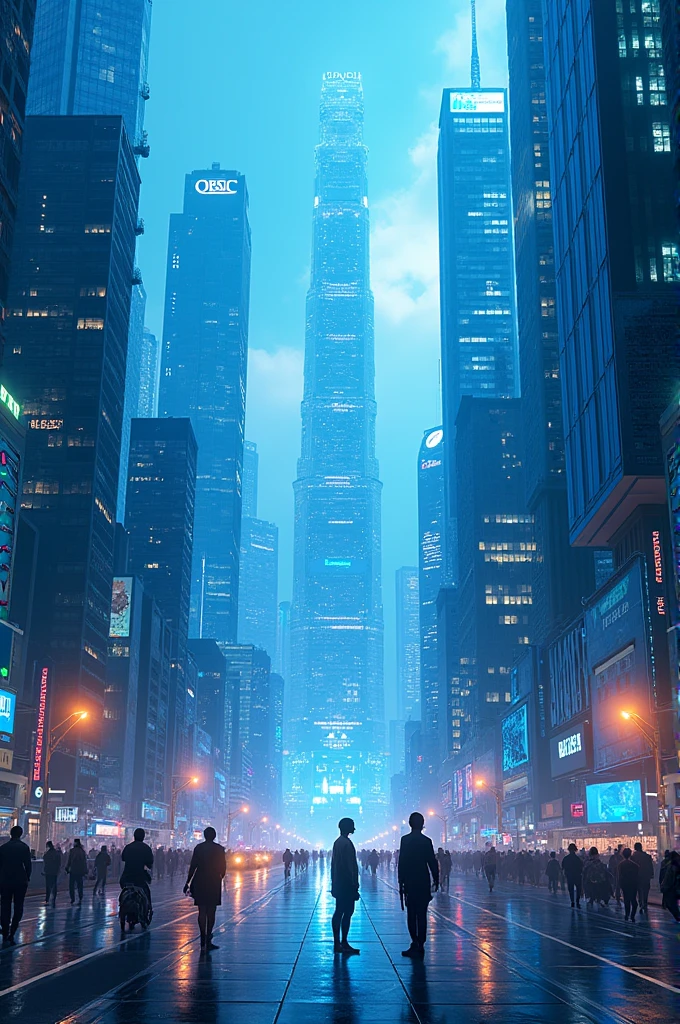 A world with robots, artificial intelligence, mixed with humans, with tools from the future, blue tones.