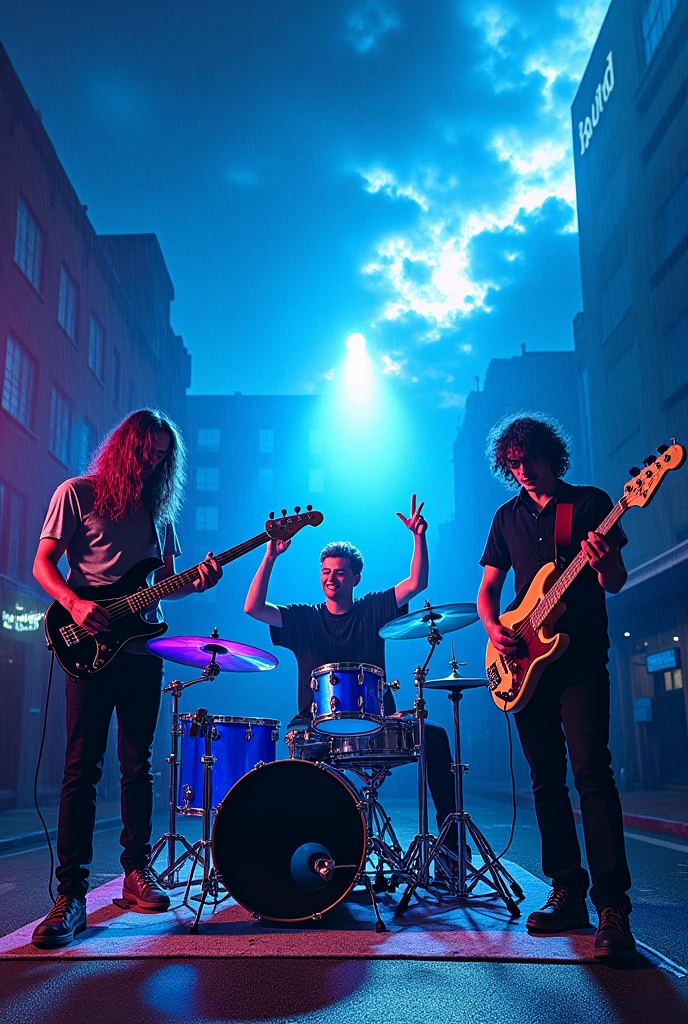 Cover of an album with a drummer, a guitarist and a bassist from a band called Blue Day