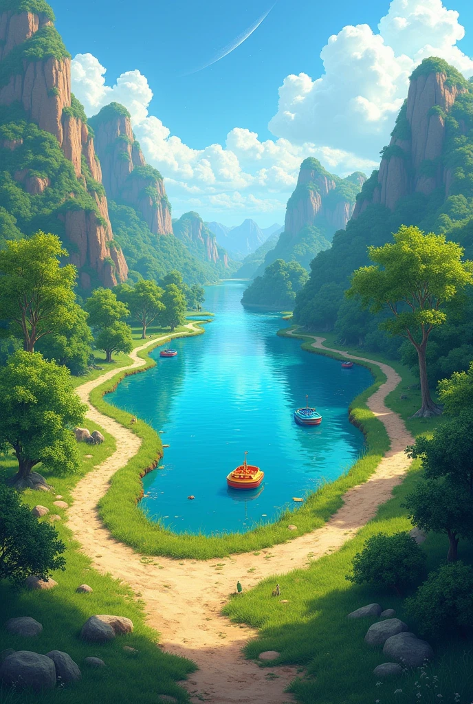 RPG map with trees, banks a huge lake, pedal boats green grass and dirt paths