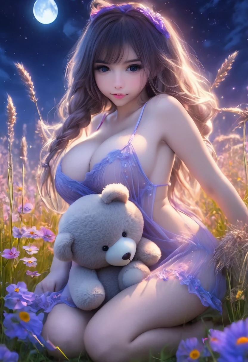 A cute woman (age 20, giga breasts, sheer night gown brightly colored, no underwear) is rolling in a field of flowers at night playing with her teddy bear, sultry poses to viewer
