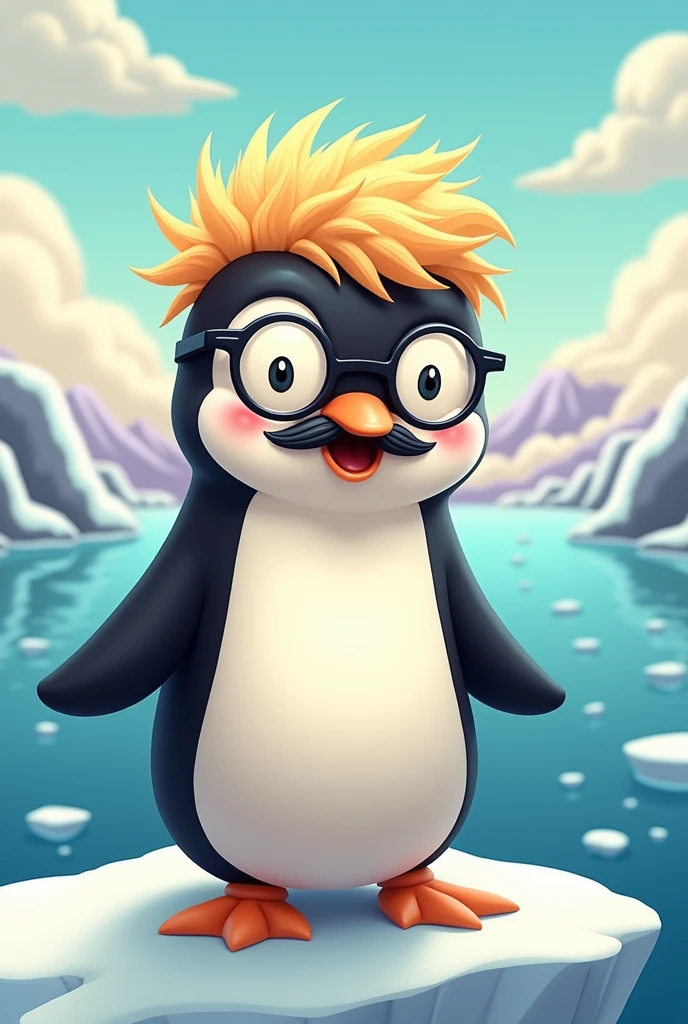 Penguin with glasses, thin mustache above beak and blond hair