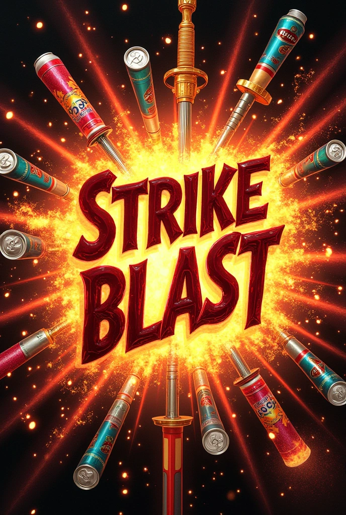 Create a rectangular sized image, that has StrikeBlast written on it with a flaming background of fire and swords and soda