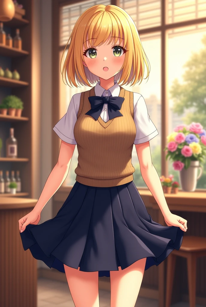 (masterpiece:1.2, best quality), (realistic, photorealistic:1.4), beautiful illustrations, (natural side lighting, movie lights), depth of written boundaries,
looking at viewer, front view, 1 girl, english, High school girls, 20 years old, perfect face, cute symmetrical face, glowing skin, spread legs,
(bob hair:1.7,blonde), asymmetrical bangs, big eyes, droopy eyes, long eyelash chest), thin,
beautiful hair, beautiful face, beautiful beautiful eyes, beautiful collarbone, beautiful body, beautiful breasts, beautiful thighs, beautiful feet, beautiful fingers,
((luxury fabric texture, Brown knit vest, Short sleeve white collar shirt, navy pleated skirt, Navy Bow Tie)),
(beautiful scenery), dinner, (Inside the flower shop), stand, (laugh, advanced, open your mouth), (((skirt lift, No panties, showing genitals))), full body shot, dark blue socks, sexy face, Inverted nipples,