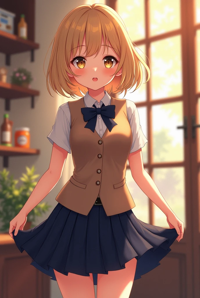 (masterpiece:1.2, best quality), (realistic, photorealistic:1.4), beautiful illustrations, (natural side lighting, movie lights), depth of written boundaries, 
looking at viewer, front view, 1 girl, english, High school girls, 20 years old, perfect face, cute symmetrical face, glowing skin, spread legs,
(bob hair:1.7,blonde), asymmetrical bangs, big eyes, droopy eyes, long eyelash chest), thin, 
beautiful hair, beautiful face, beautiful beautiful eyes, beautiful collarbone, beautiful body, beautiful breasts, beautiful thighs, beautiful feet, beautiful fingers, 
((luxury fabric texture, Brown knit vest, Short sleeve white collar shirt, navy pleated skirt, Navy Bow Tie)), 
(beautiful scenery), dinner, (Inside the flower shop), stand, (laugh, advanced, open your mouth),  (((skirt lift, No panties, showing genitals))), full body shot, dark blue socks, sexy face, Inverted nipples,