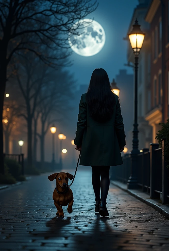 Woman with black hair, Walking a brown dachshund at night