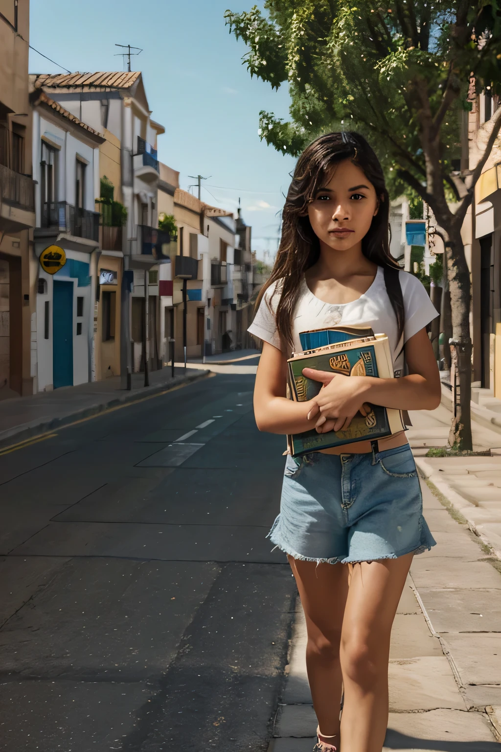 a book cover that is titled "A Young Fighter" Written by Jesus Lujan Martin, and uses a 3D image of the street of a town called Dúrcal, granada, where a young girl walked with books in her arms