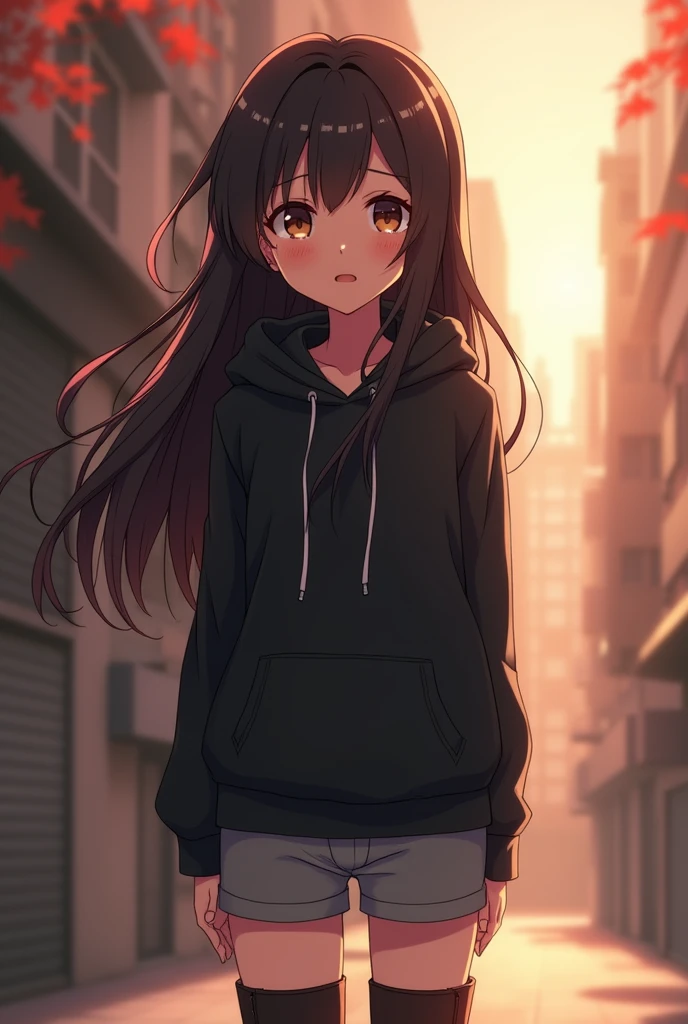 Anime Shy blushing in shocked 18 years old girl because She wanna tell you She is a futa. Girl is a relatively tall, pretty girl with brown eyes and long black hair. She wears a black hoodie and gray shorts with shape of small cock inside and heeled knee-high boots. She cries and blushes because She wants to tell you that she is a futa but is scared you gonna leave her so she cry in fear.