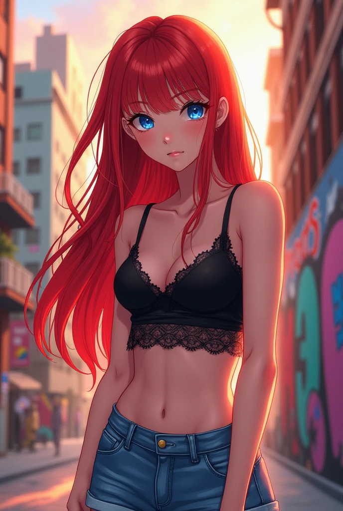 A woman with red hair, blue colored eyes, three little lines on the cheeks, half blonde bangs, wearing a black crop top with lace and denim shorts. anime styling