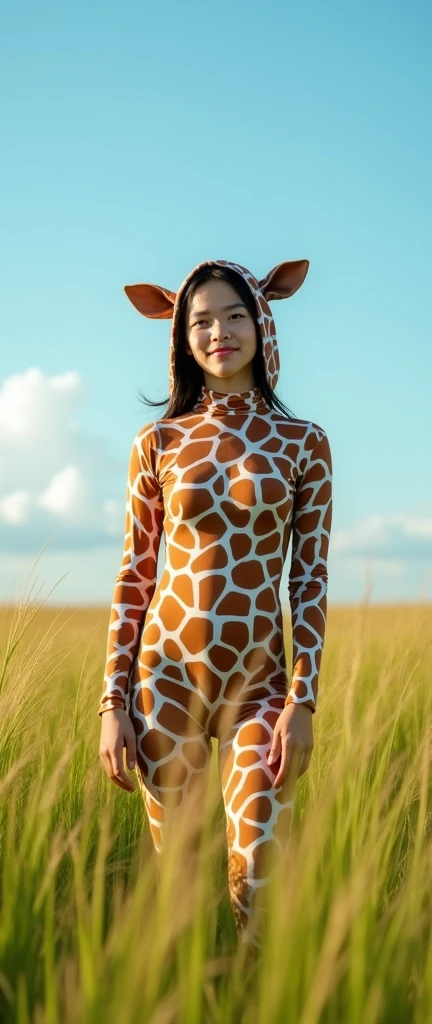 The beautiful taiwan teenager girl with beautiful cheeks wears giraffe lycra turtleneck unitard catsuit covered with many spots and giraffe lycra elastane dancewear hijab-like hood.She is in the grasslands.