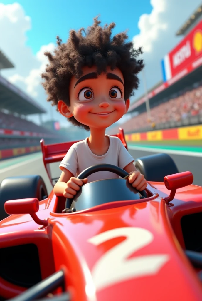 dark-haired teenager with curly hair, with white t-shirt in an animated f1 racing car MORE ANIMATED MORE ANIMATED
