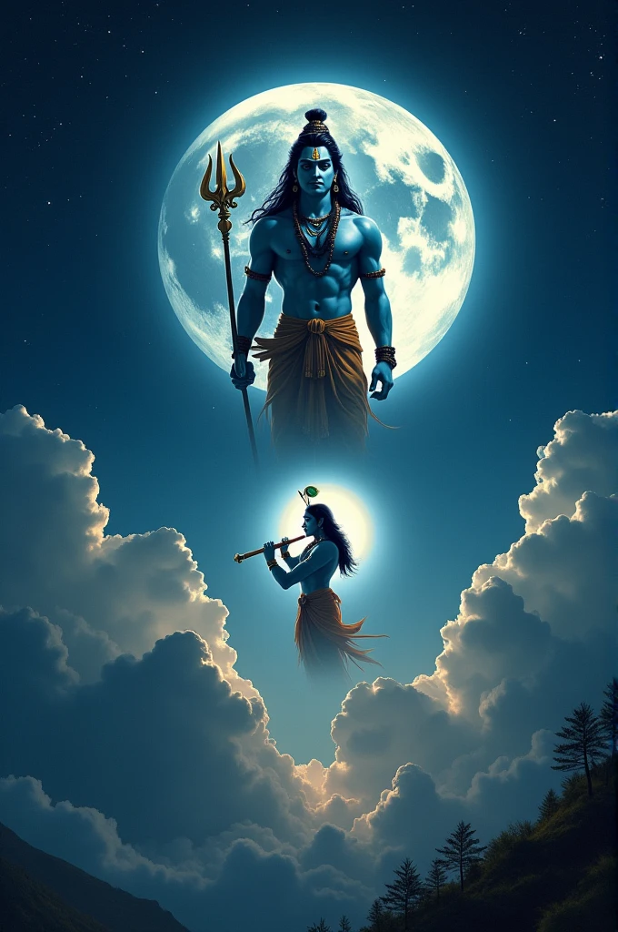 A surreal night sky with two luminous moons, one above and one below, in perfect symmetry. The upper moon features a serene image of Lord Shiva, depicted with a well-defined, muscular physique, holding his trident, with the crescent moon on his forehead, surrounded by a gentle halo of light. The lower moon showcases Lord Krishna, with a graceful, athletic body, playing his flute, adorned with a peacock feather in his hair, and a soft aura around him. The background is a deep, starry night with subtle clouds, and the landscape below is peaceful, blending with the cosmic atmosphere of the scene.