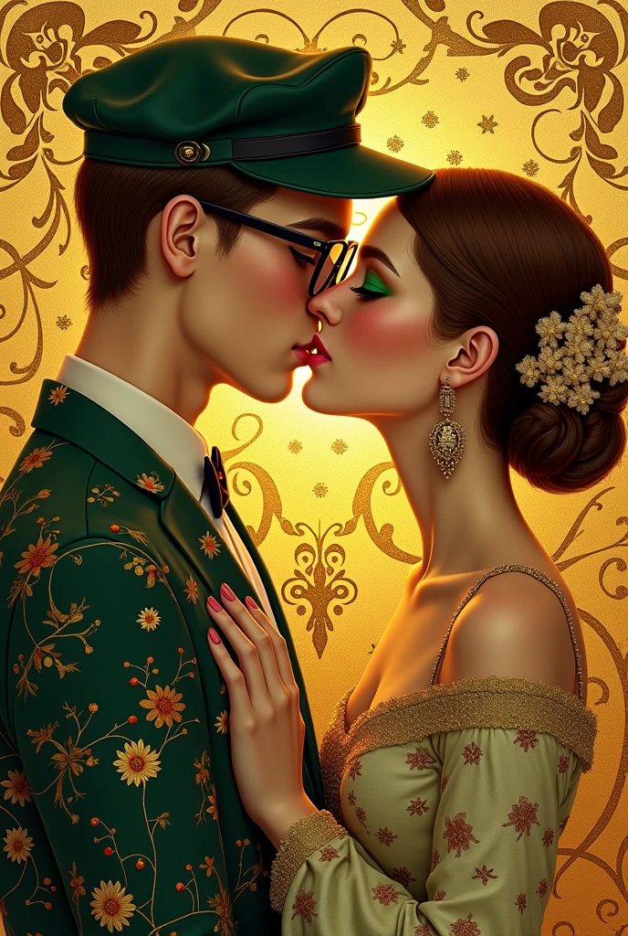 You can do the work The Kiss by Gustav Klimt but give the woman green open eyes and the man glasses and a cap but the original painting. Do not change anything from the original work just erase those details.
