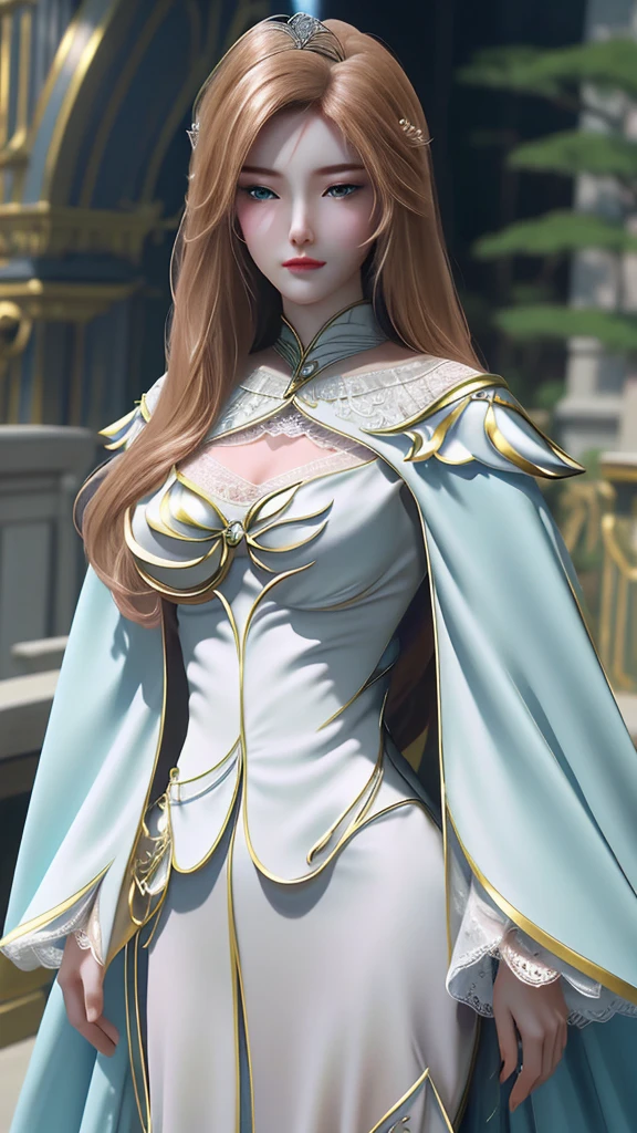 tmasterpiece,Best picture quality,HD 8K wallpaper,Beautiful picture,Elegant single woman,Round dress,Shiny eyes,Detail at its best,An exquisite masterpiece,Pure beauty and lightness,Moderately aesthetic,Gentle and elegant,Attention to detail,Cyan white lace round princess dress,Immortal,ผมยาว,Long hair