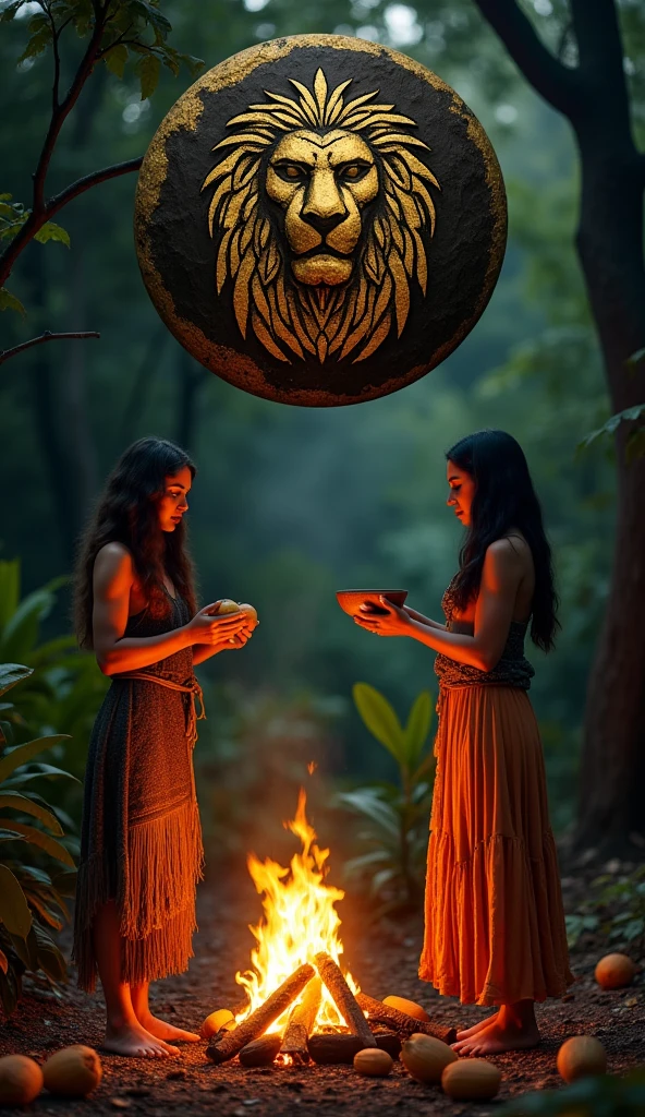 a fair-skinned woman with long straight light brown hair and another fair-skinned woman with shoulder-length wavy light brown hair, both Aztec and Mayan healers with equal importance in the ritual, in a forest around a campfire doing a cocoa ritual, one holding the cocoa fruit and the other a bowl over the fire, in the background women dancing and the cocoa fruit on the ground, convey depth. Above a dark black full moon with a golden lion facing inside it