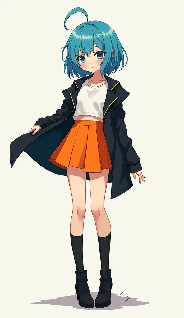 (Masterpiece), (Best Quality), (Super Detail), (disheveled Hair), (Illustration), (One Girl), Standing, Beholder, (Interview), (Simple Background), Finely Beautiful Eyes, Delicate Beautiful Face, Floating, (High Saturation), (Shine), Best Lighting, Best Shadows , Focus on Face,((full body in photo)), ((black knee high socks,long high heels,orange mini skirt,white crop top,black jacket,blue-cyan hair)),((thin-legged,skinny girl))