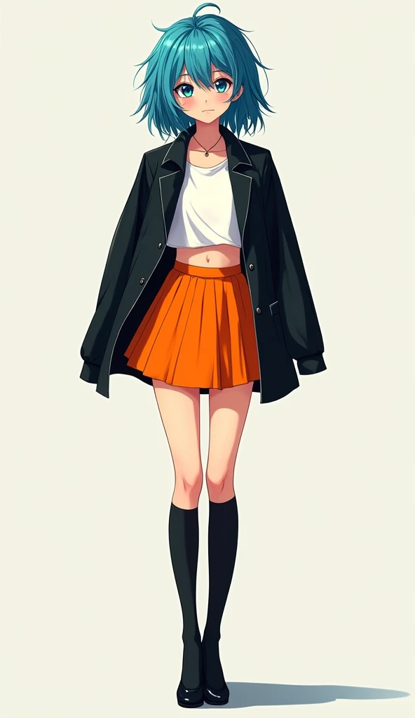 (Masterpiece), (Best Quality), (Super Detail), (disheveled Hair), (Illustration), (One Girl), Standing, Beholder, (Interview), (Simple Background), Finely Beautiful Eyes, Delicate Beautiful Face, Floating, (High Saturation), (Shine), Best Lighting, Best Shadows , Focus on Face,((full body in photo)), ((black knee high socks,long high heels,orange mini skirt,white crop top,black jacket,blue-cyan hair)),((thin-legged,skinny girl))
