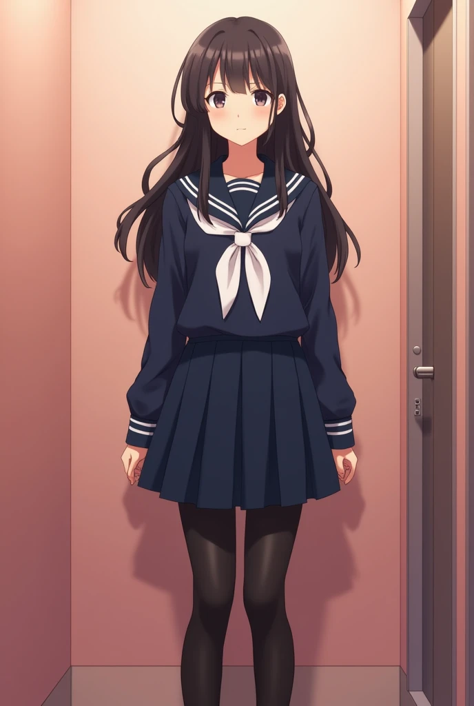 A Japanese second-year junior high school student wearing a navy blue sailor uniform has a baby face and a neat appearance. Her hair is long and untied. The color of the ribbon on her sailor uniform is white. She is wearing black tights down to her knees. The location is a private room in a girls&#39; restroom. The walls of the girls&#39; restroom are a light pink.