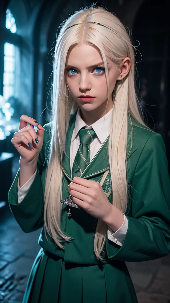 Girl, 25 years old, platinum blonde hair, blue eyes, angry face, hate, envy, Slytherin uniform, Hogwarts Dungeon at night, Meia luz, escuro