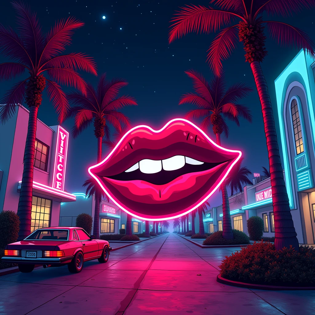 Black shadow of cartoon style woman lips, in Vice City GTA,