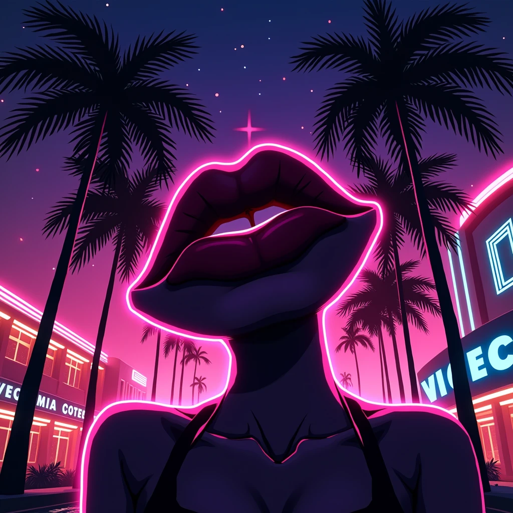 Black shadow of cartoon style woman lips, in Vice City GTA,