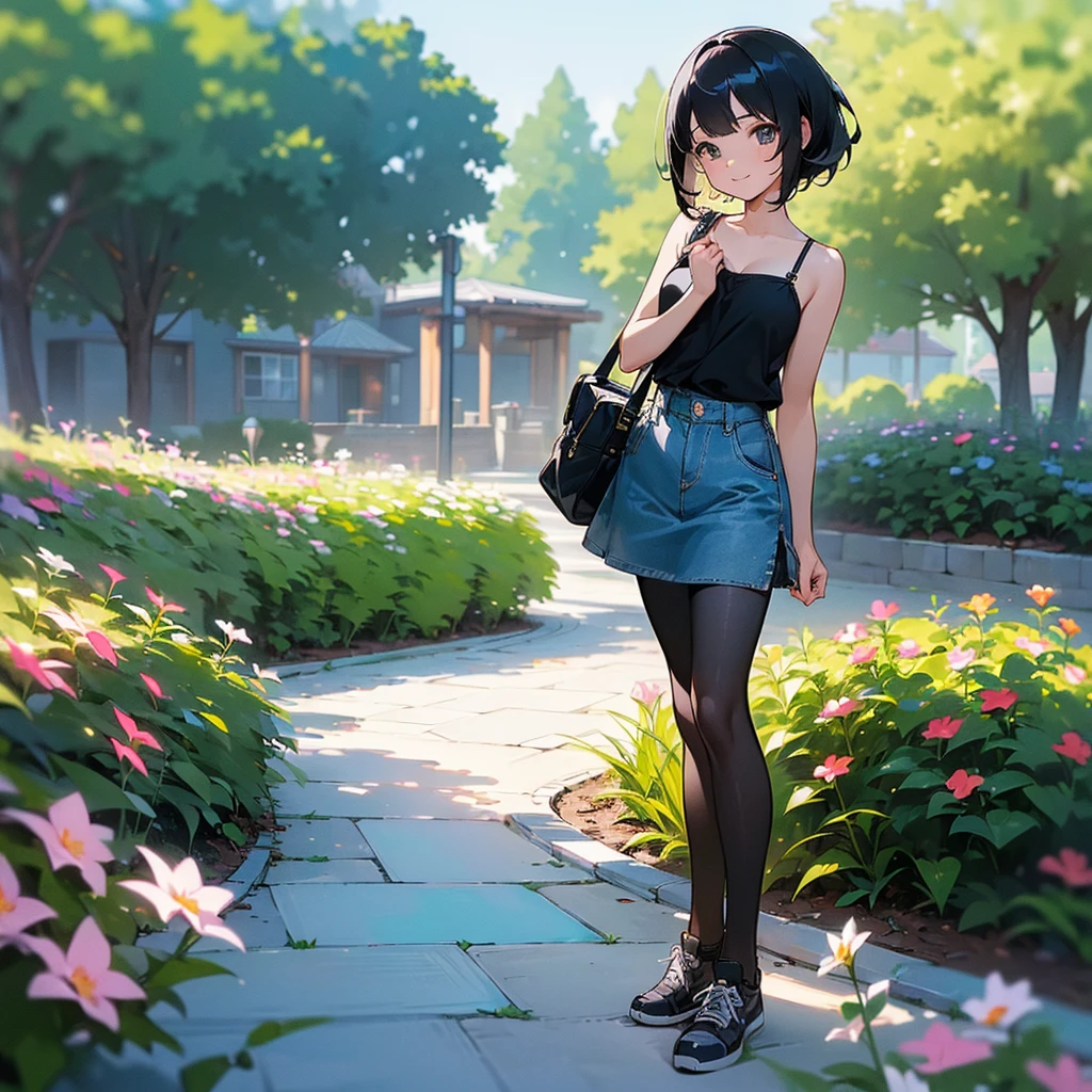 (high quality, High resolution, Very detailed, reality:1.37), Peaceful atmosphere, (Outdoor, garden), Teenage girl standing alone, (my breasts are big.), Beautiful details, Cute Smile, (Black bob hair), camisole, Denim skirt, Black tights, sneakers.