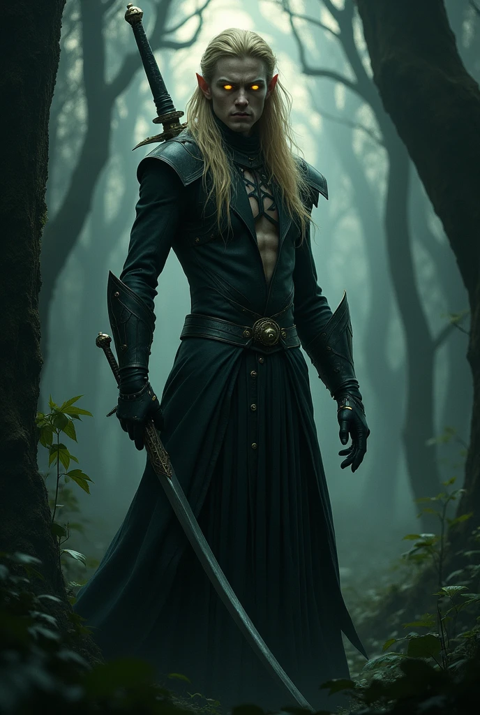 Create a male elf with blond hair, yellow pupil,traits of a warrior. Wearing a rogue outfit, carrying a sword on his back. em um ambiente escuro
