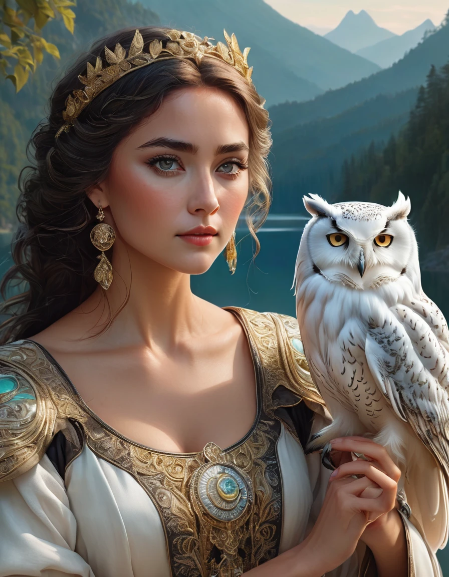 A stunning woman, short curly hair, tiara, crystal green eyes, detailed black robes, intricate gold thread embroidery, jewelry, choker, a sorceress, (((perfect hands holding a white owl))), in a landscape of Detailed and intricate fantasy with a big red moon behind the hills, reflections in a sparkling lake, a magical forest in the distance. background (best quality, 4k, 8k, high resolution, masterpiece: 1.2), sketch color, ultra-detailed, (realistic, photorealistic, photorealistic: 1.37), digital art, concept art, dramatic lighting, palette soft pastel colors, lush foliage, detailed architecture, ornate decorations, fantastical elements