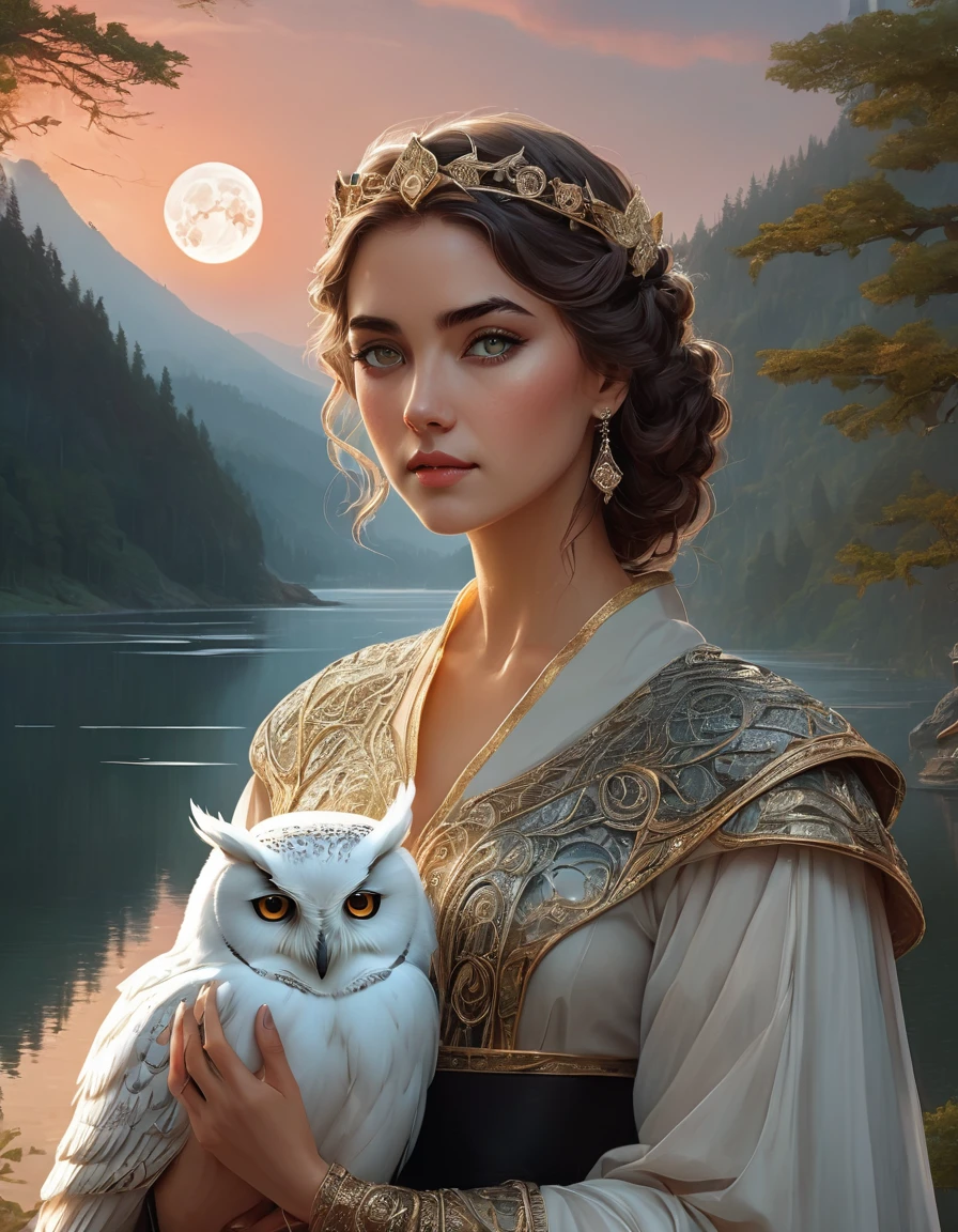 A stunning woman, short curly hair, tiara, crystal green eyes, detailed black robes, intricate gold thread embroidery, jewelry, choker, a sorceress, (((perfect hands holding a white owl))), in a landscape of Detailed and intricate fantasy with a big red moon behind the hills, reflections in a sparkling lake, a magical forest in the distance. background (best quality, 4k, 8k, high resolution, masterpiece: 1.2), sketch color, ultra-detailed, (realistic, photorealistic, photorealistic: 1.37), digital art, concept art, dramatic lighting, palette soft pastel colors, lush foliage, detailed architecture, ornate decorations, fantastical elements