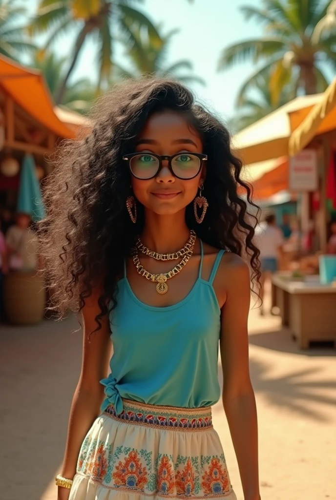 A cute Asian and Mexican mixed-race gypsy girl with brown skin, long curly coily black hair, green Asian monolid eyes, and big black round glasses, wearing a blue tank top, a white skirt, and gold jewellery in a tropical city with palm trees