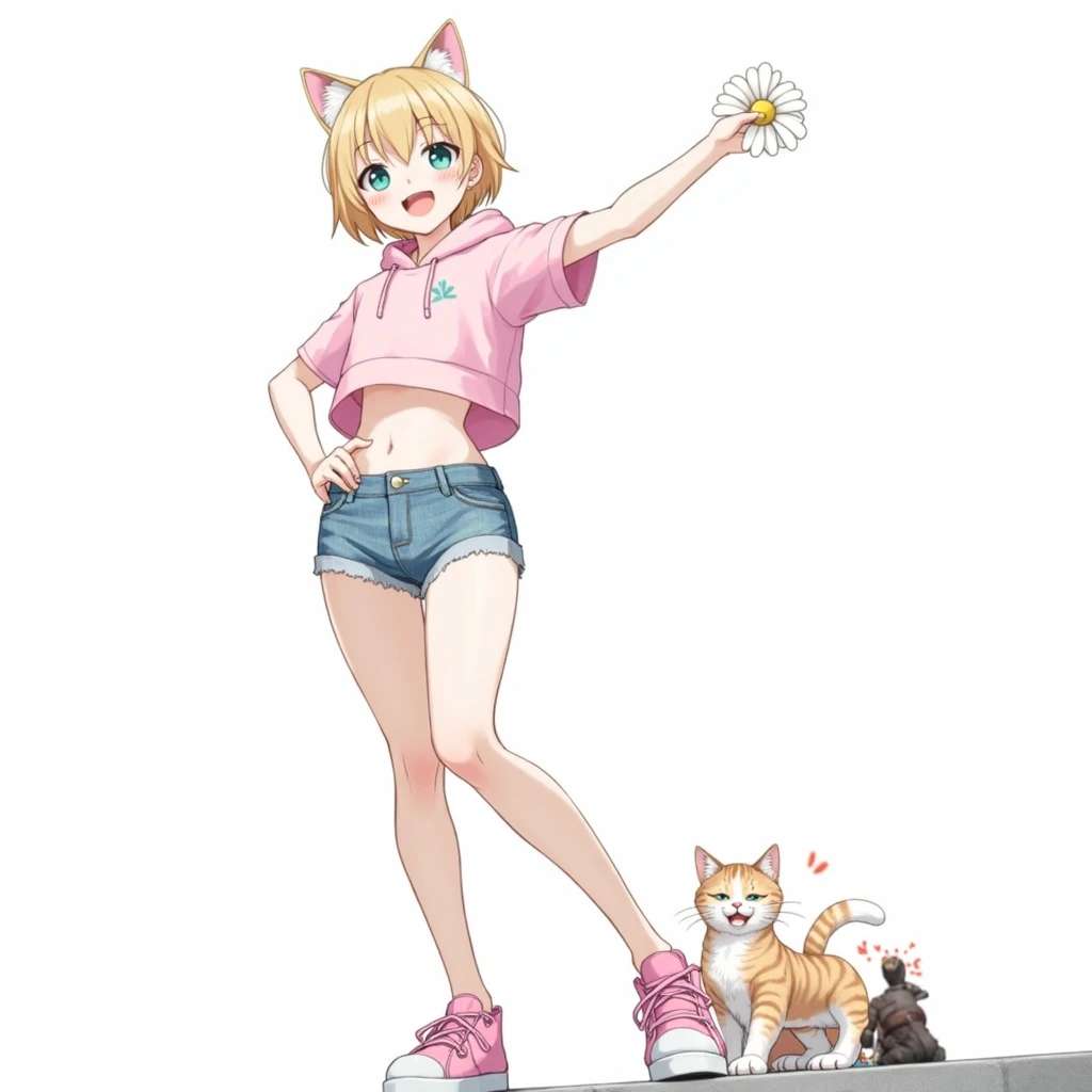 Rondo Hair、Very Short Hair、Cat ears of the same color as the hair、Plain pink short sleeve hoodie、Short denim shorts、Belly button、sneakers、Turquoise Eyes、Flat Chest、Big white flower hair ornament、Design the cover for a dark fantasy psychological drama light novel set in Rio de Janeiro in 2050, In a similar style "Inuyasha" or "Yu Yu White Paper", showing a smiling Japanese ager holding a backpack with long black hair in the foregrornd, while in the backgrornd other characters fight; Use a red and black palette, Enter a title in the box on the top right.